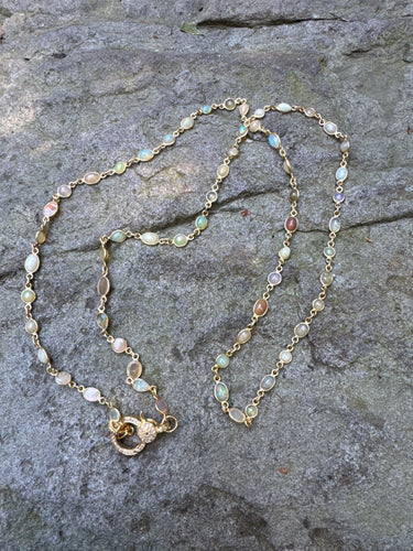 Opal Bezel Gold Necklace with Pave Diamond Clasp