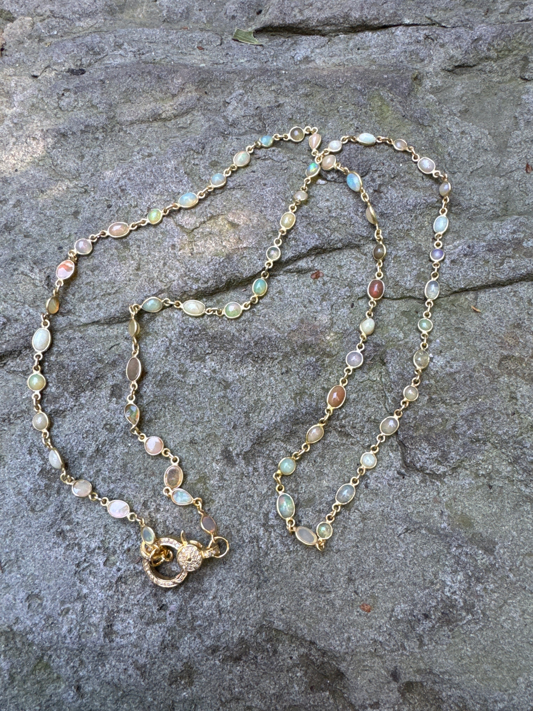 Opal Bezel Gold Necklace with Pave Diamond Clasp