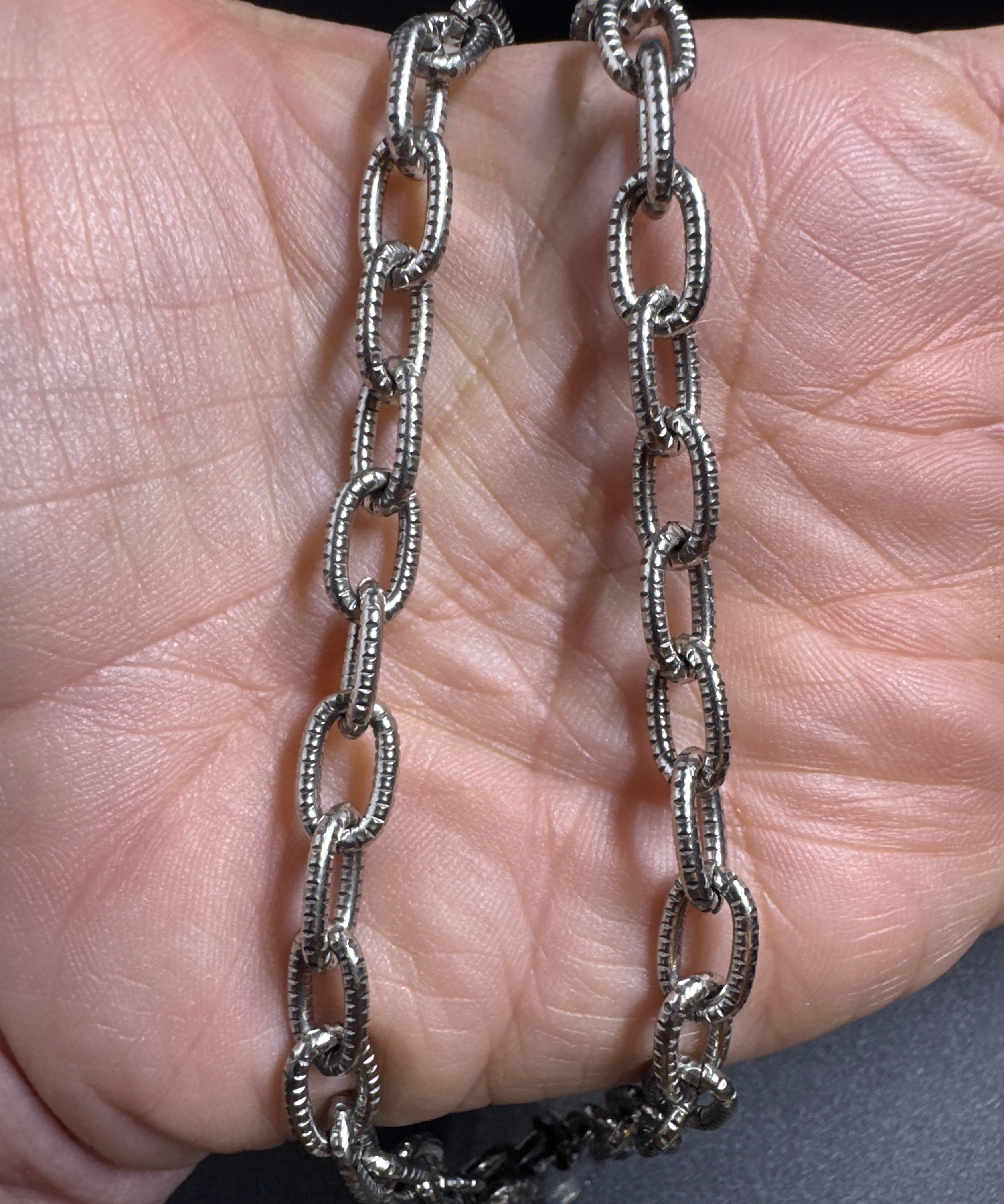 Silver Etched Oval Link Necklace with Diamond Clasp