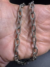 Silver Etched Oval Link Necklace with Diamond Clasp