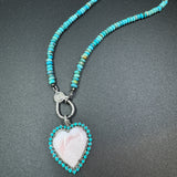 Pink Opal Heart with Turquoise and Diamond Border Pendant