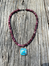 Spiny Oyster Beaded Necklace with Turquoise Square Pendant
