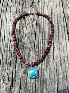 Spiny Oyster Beaded Necklace with Turquoise Square Pendant