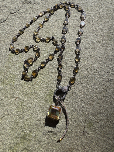 Smokey Quartz Bezel Necklace with Diamond Clasp. Citrine and Moon Pendants Included