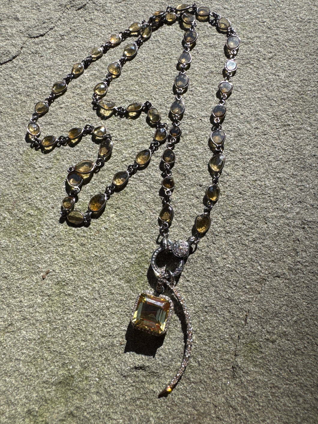 Smokey Quartz Bezel Necklace with Diamond Clasp. Citrine and Moon Pendants Included