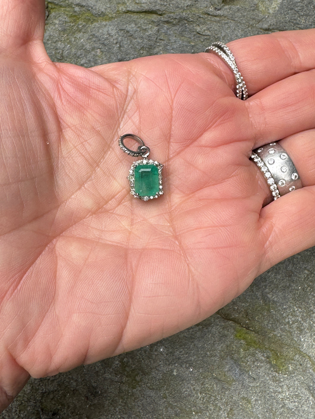 Mini Emerald Square Pendant with Diamond Border
