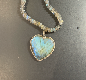 Labradorite Puffy Heart with Pave Diamond Pendant