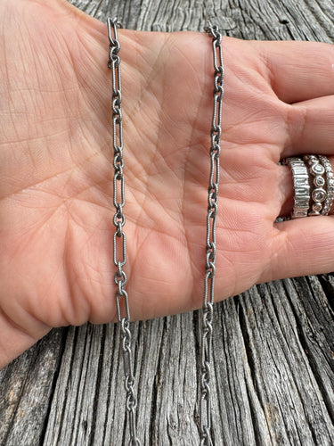 Sterling Silver Textured Long and Short Link Necklace with Diamond Clasp