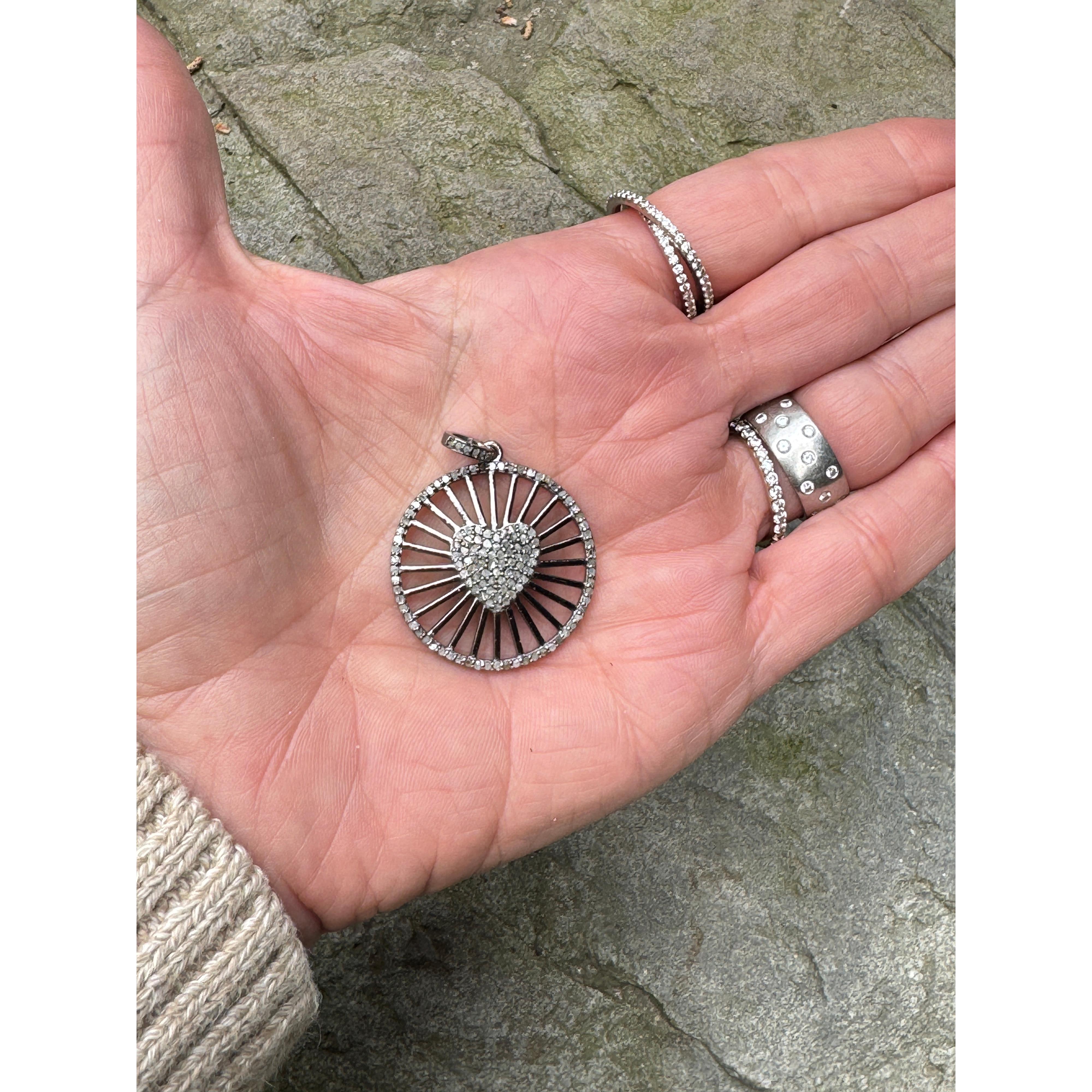 Round Pendant with Spoke Design and Diamond Heart