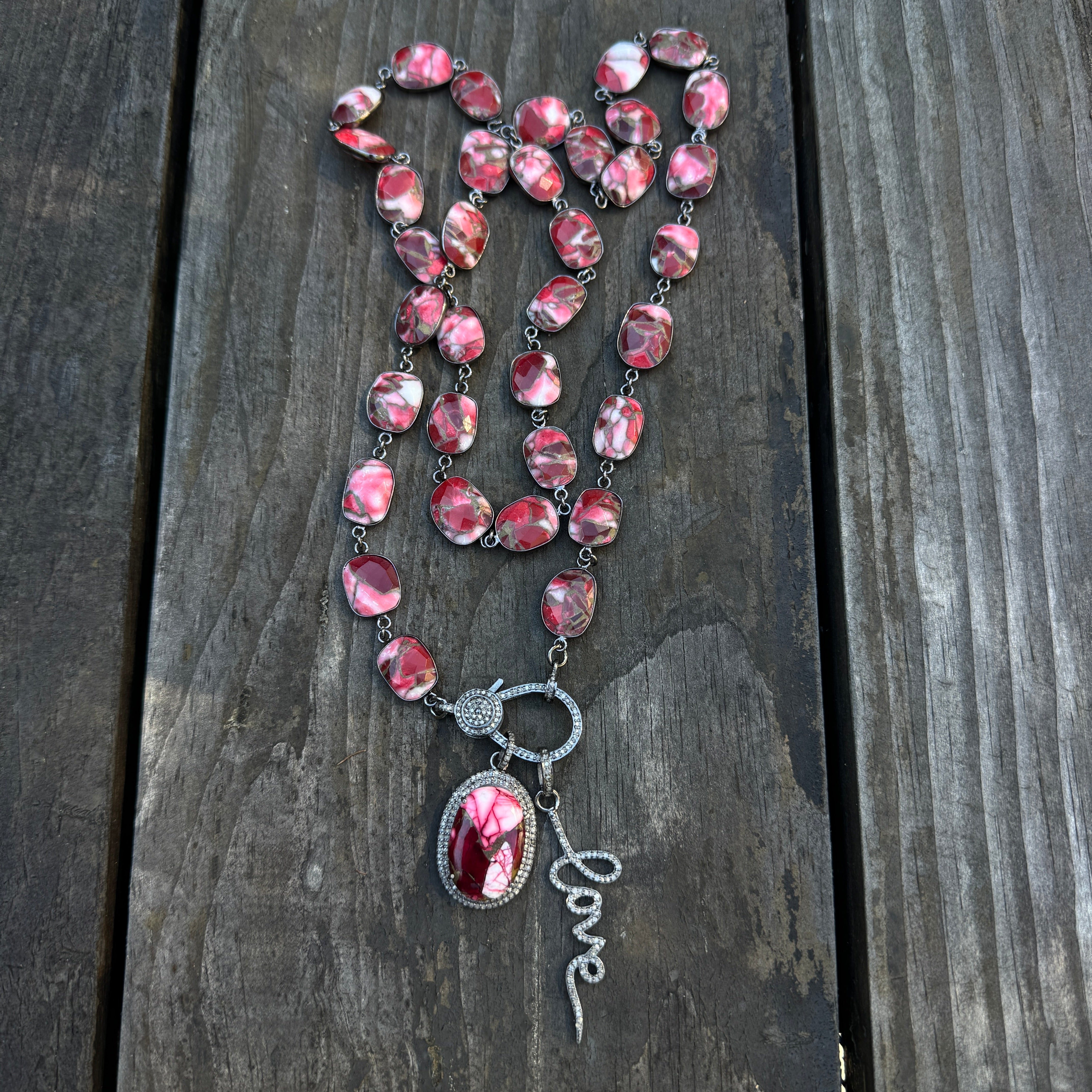 Red Dahlia Turquoise Bezel Necklace with Diamond Clasp