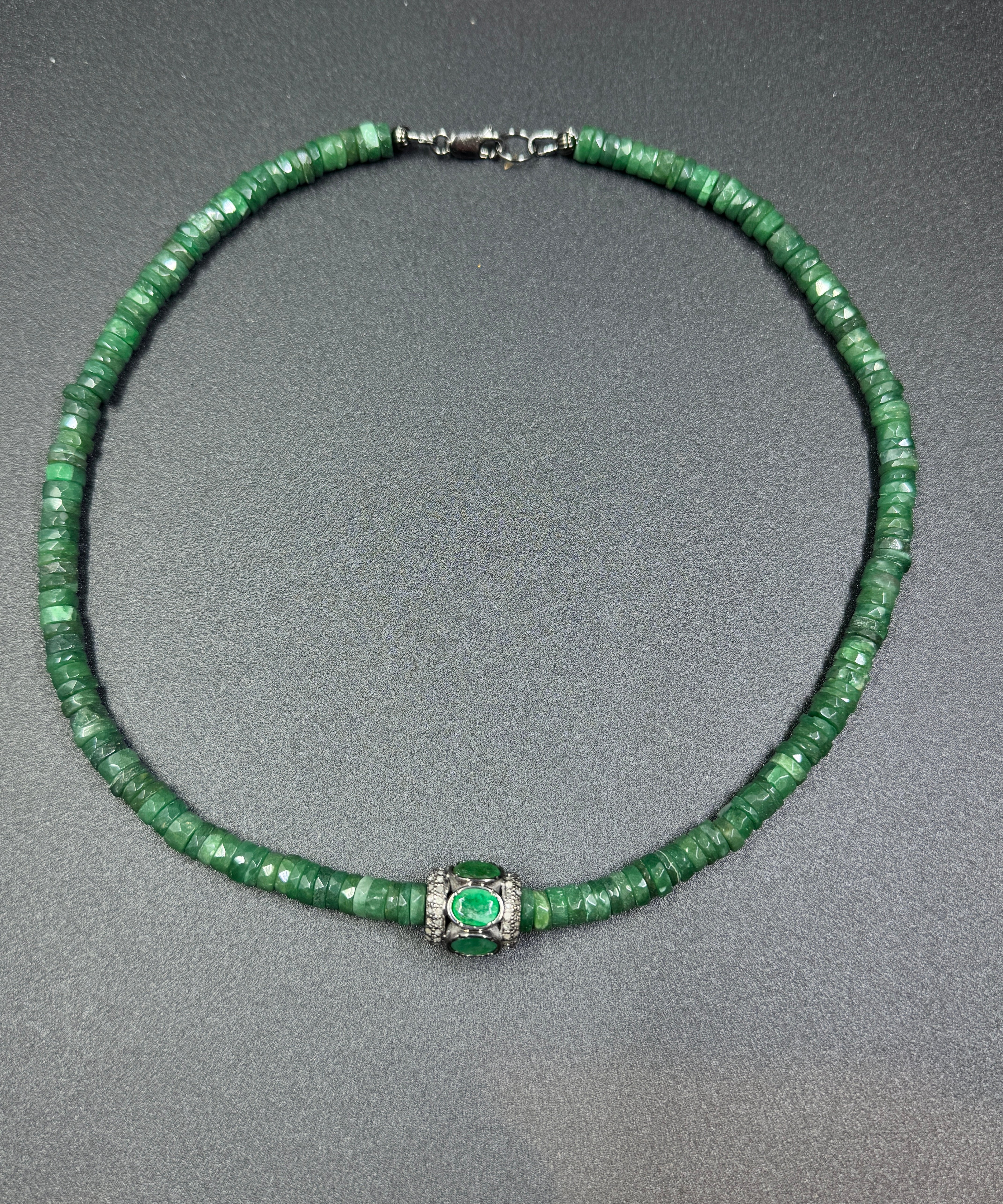 Emerald Beaded Necklace with Emerald and Diamond Center Bead
