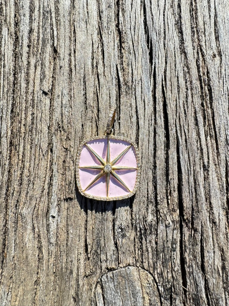 Pink Enamel Square Pendant with Diamond Border and Solitaire Center Pendant