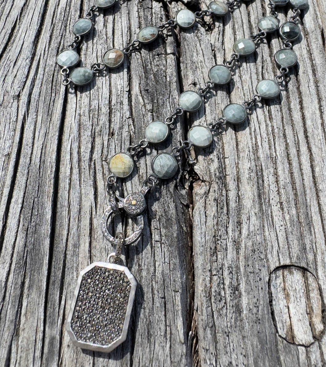 Matte Jasper Bezeled Chain Necklace with Diamond Clasp. Diamond Dog Tag Pendant