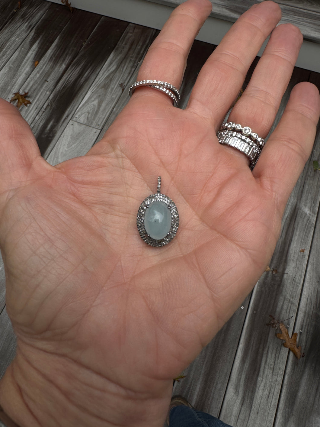 Puffy Aquamarine Oval Pendant with Diamond Border