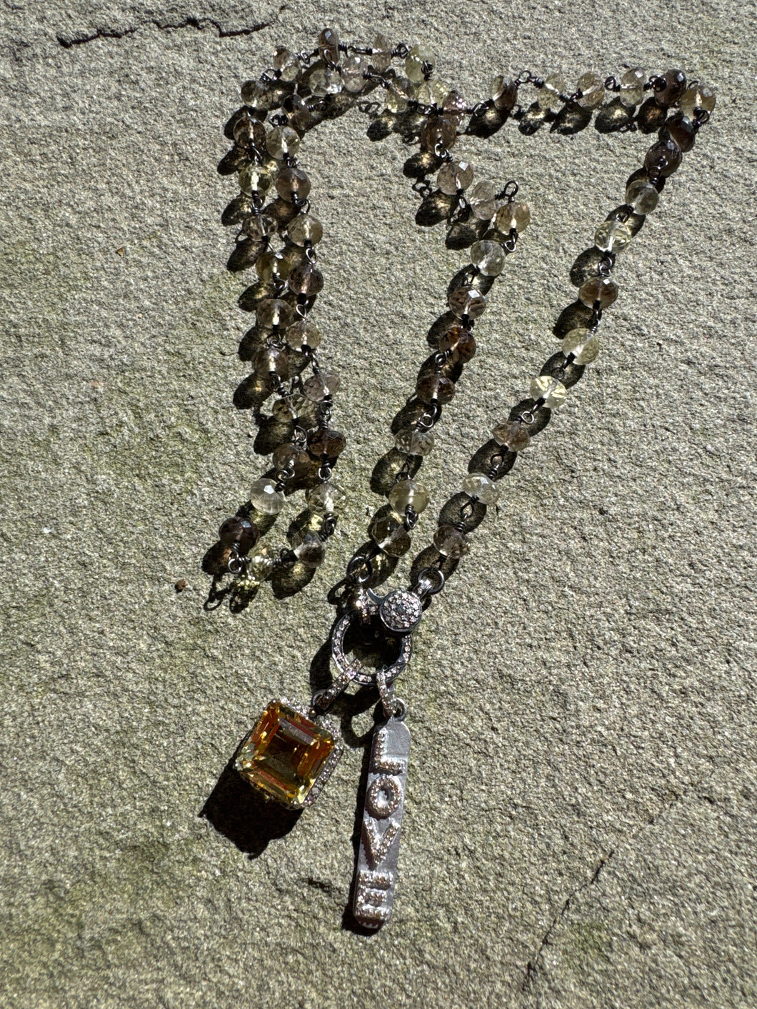 Smokey Quartz Necklace with Diamond Clasp. Citrine and Dog Tag Pendant Included