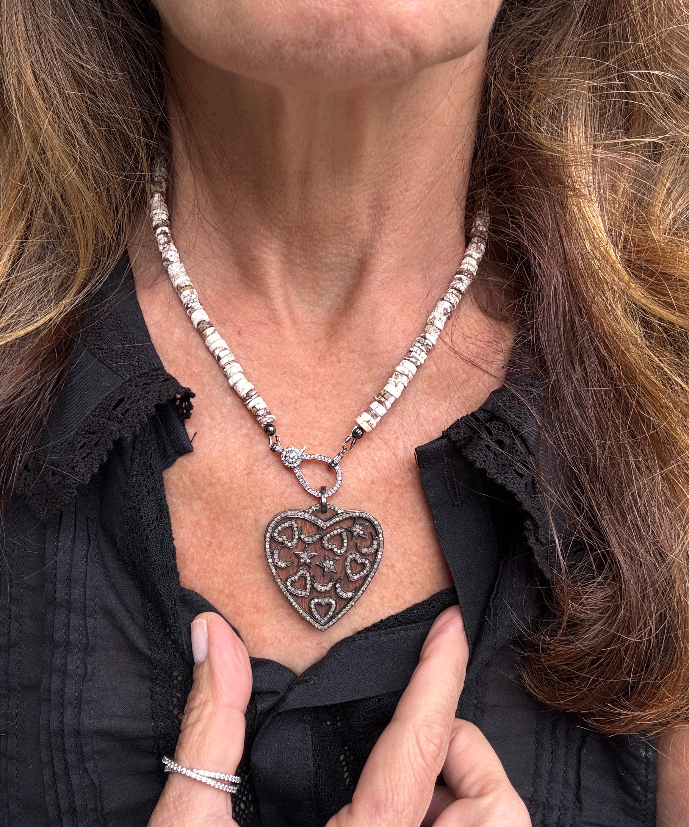 Wood Heart with Diamond Moon, Stars and Hearts Pendant