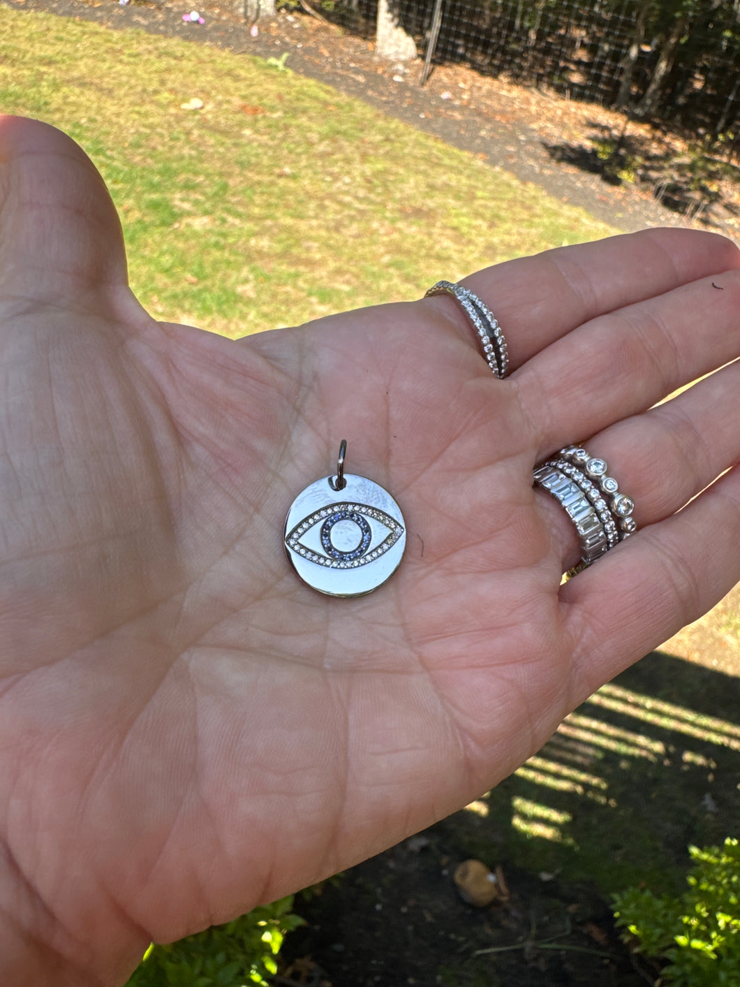 Sterling Silver Disc with Diamond and Sapphire Evil Eye Pendant