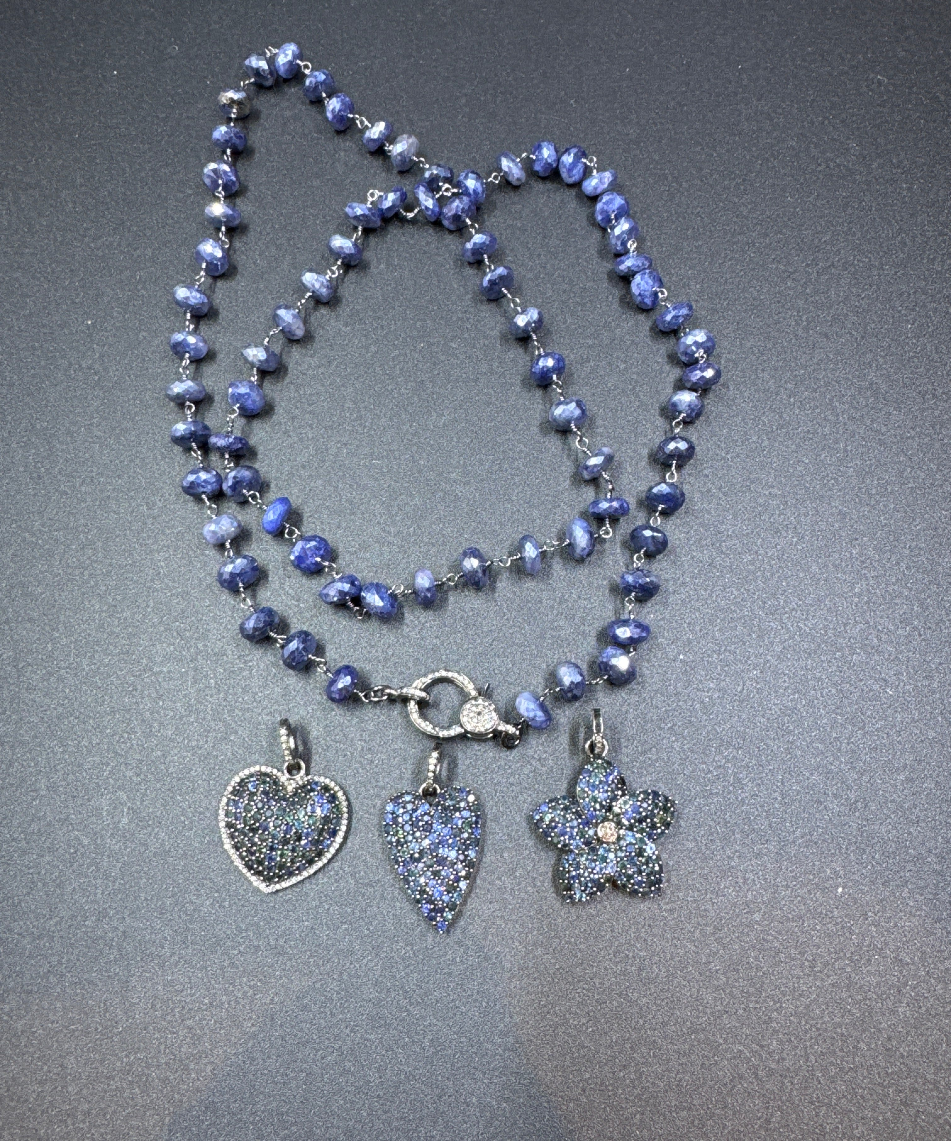 Blue Sapphire Faceted Beaded Necklace with Pave Diamond Clasp