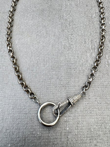 Hammered Silver Chain with Spring Clasp and Pave Diamond Albert Clasp