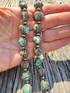 Turquoise and Silver Detail Beaded Necklace with Large Pave Diamond Spring Open Clasp