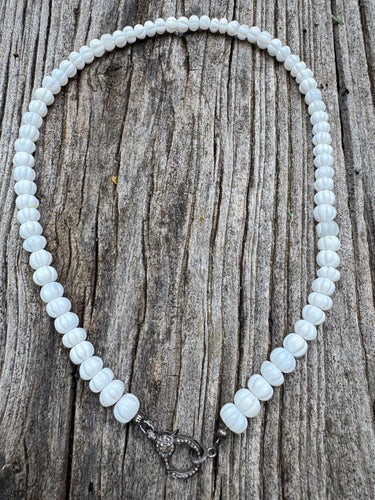 White Opal Hand Carved Cantaloupe Shaped Beaded Necklace with Diamond Clasp