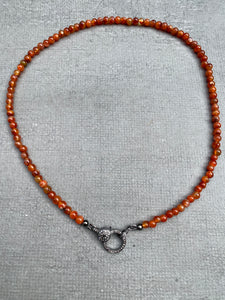Carnelian Round Beaded Necklace with Pave Diamond Clasp
