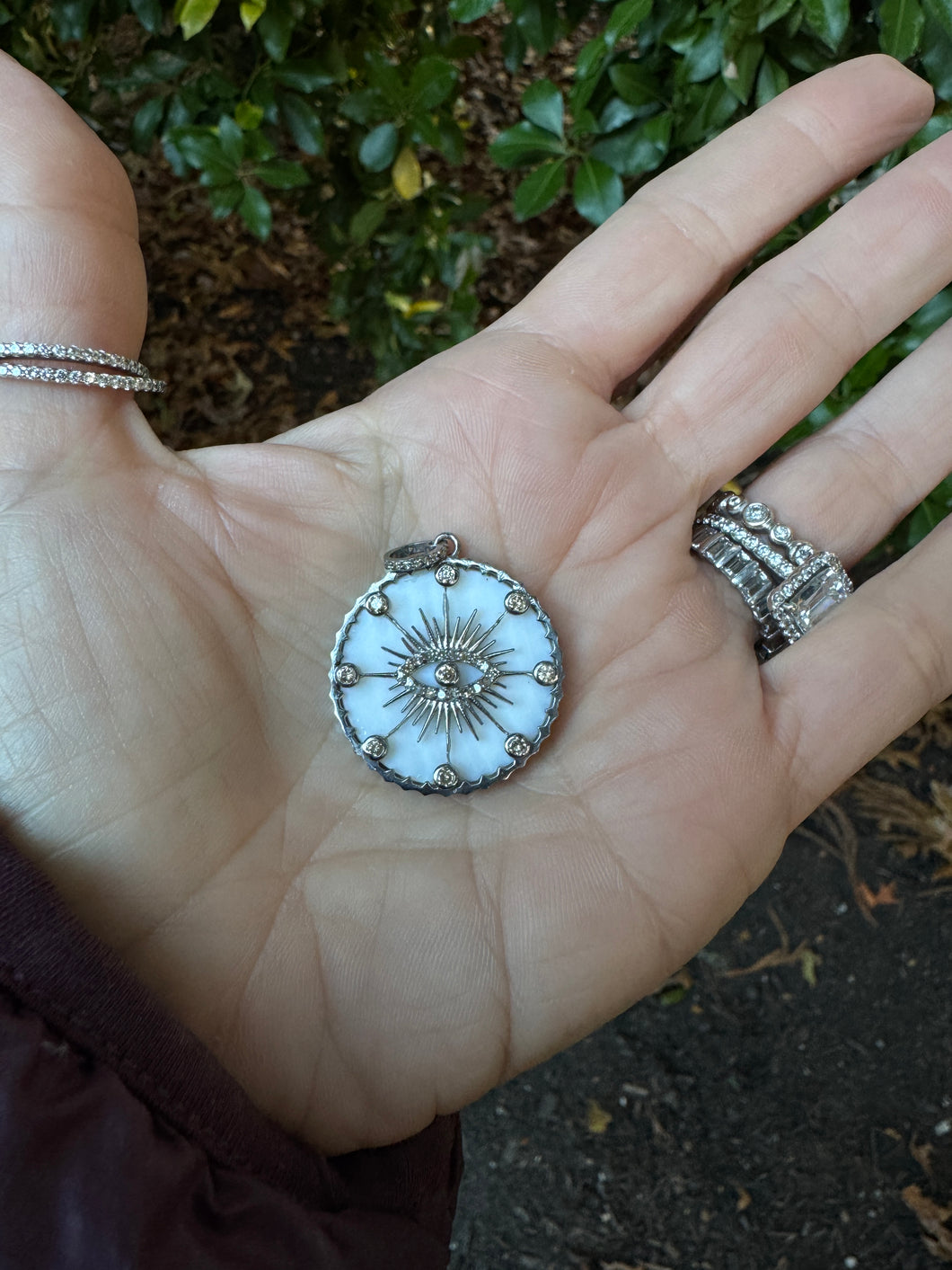 Mother of Pearl Disc with Evil Eye and Pave Diamond Pendant