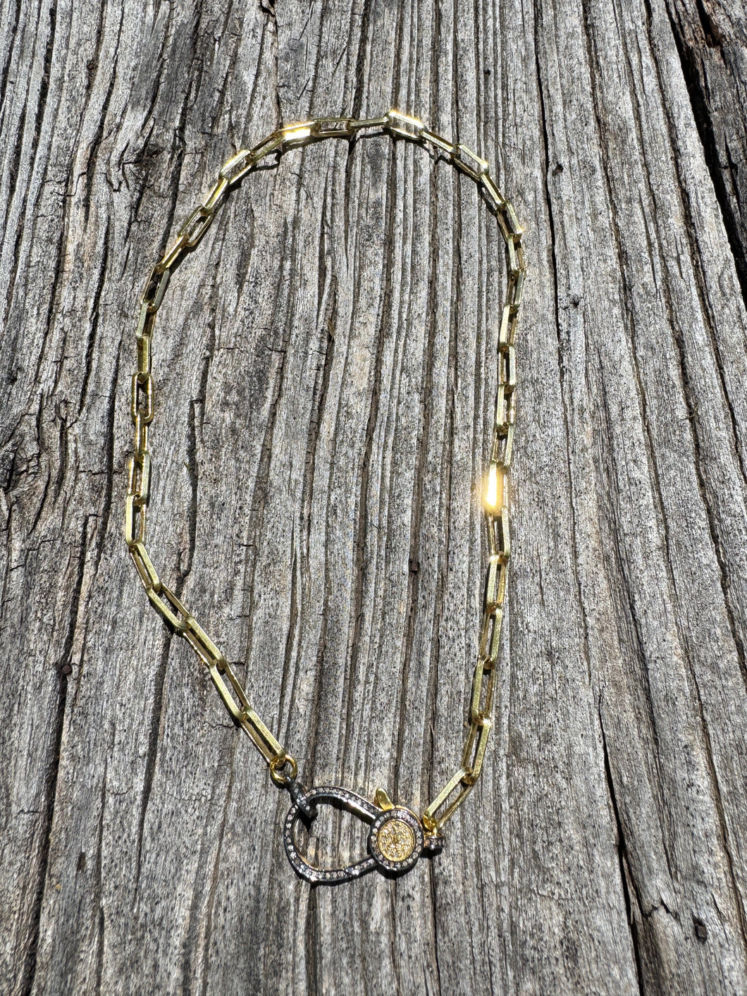 Gold Square Link Chain with Two Tone Diamond Clasp
