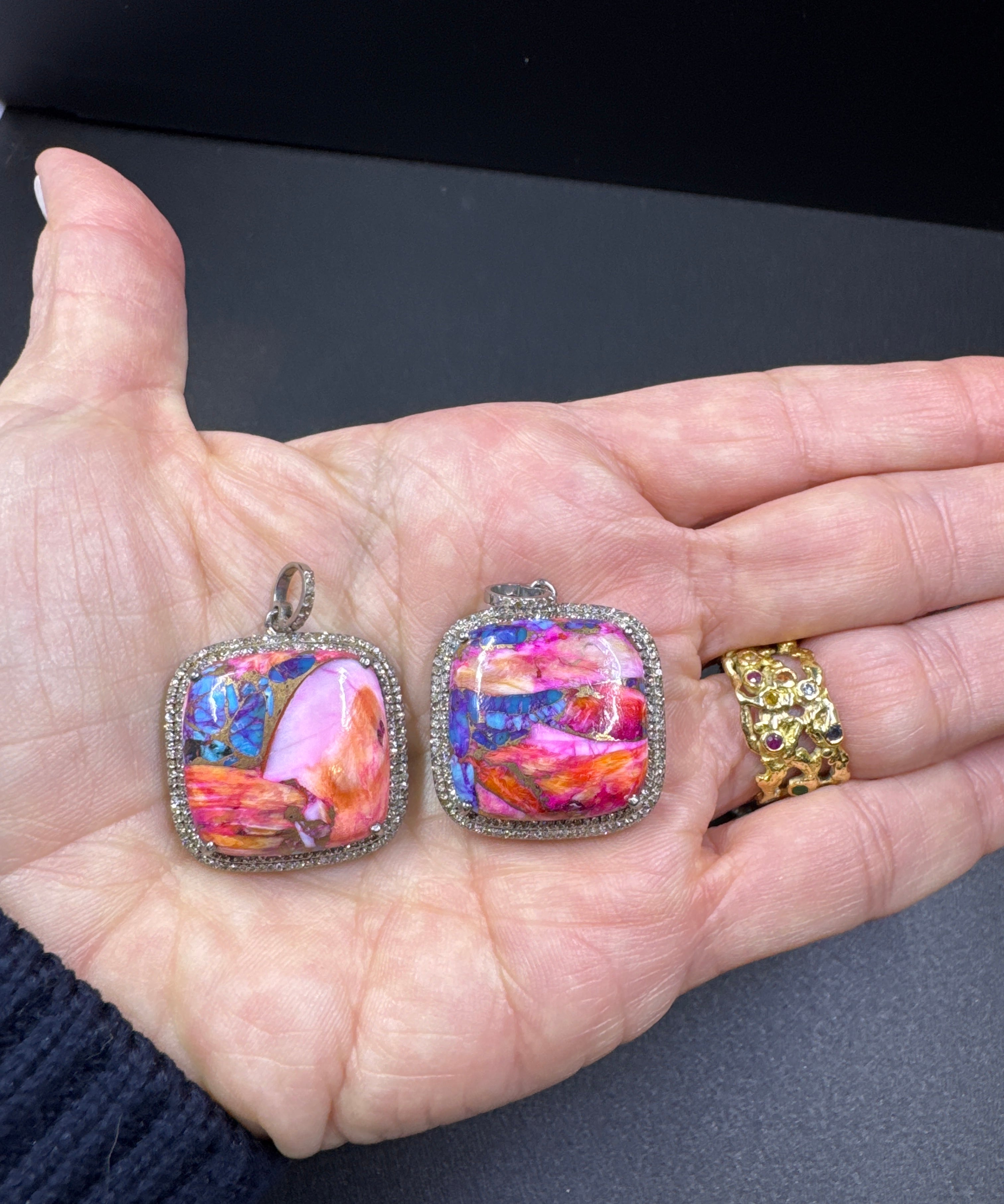 Puffy Multi Copper Turquoise and Pave Diamond Square Pendants