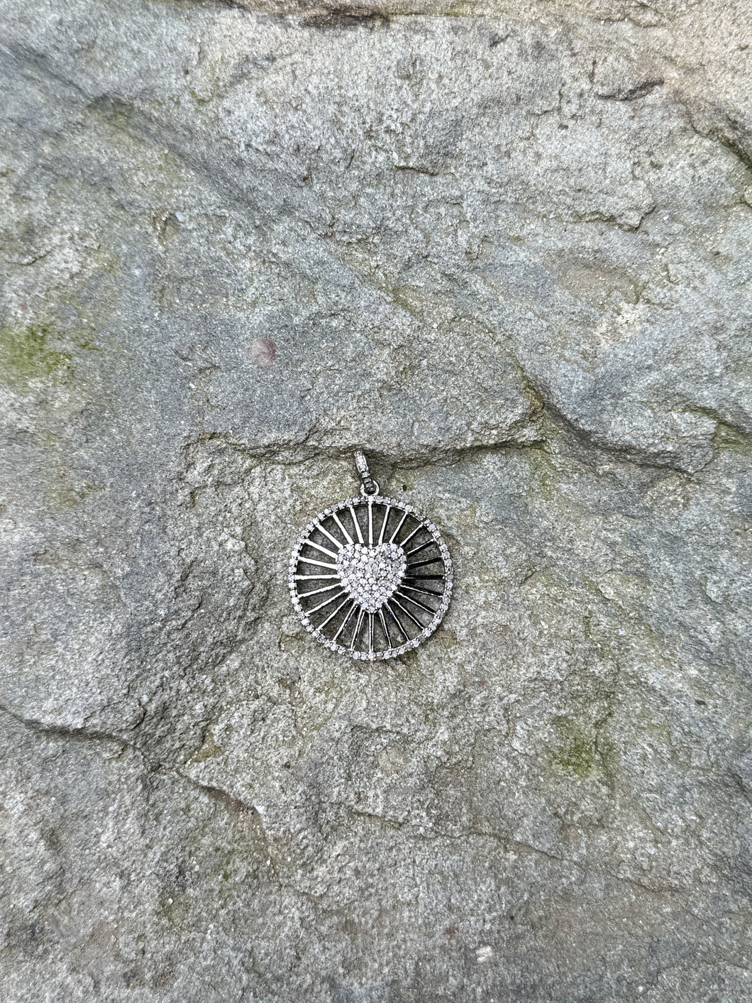 Round Pendant with Spoke Design and Diamond Heart
