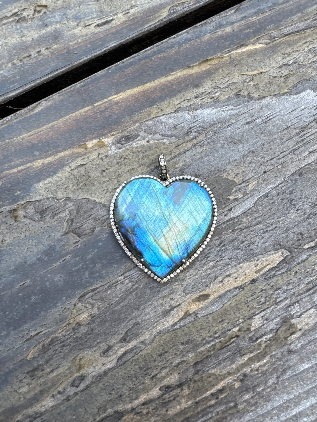 Labradorite Puffy Heart with Pave Diamond Pendant