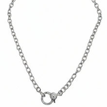 Silver Textured Oval Link Chain Necklace with Pave Diamond Clasp