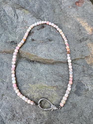 Pink Opal Faceted Square Beaded Necklace with Diamond Clasp