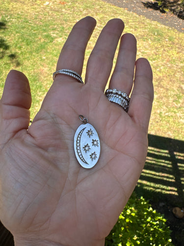 Sterling Silver Oval with Diamond Moon and Stars Pendant