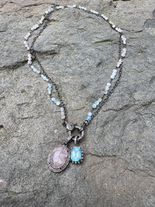 Double Strand Aquamarine Beryl and Silver Chains with Diamond Clasp