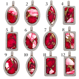 Red Dahlia Turquoise Pendant with Double Row Diamond Border