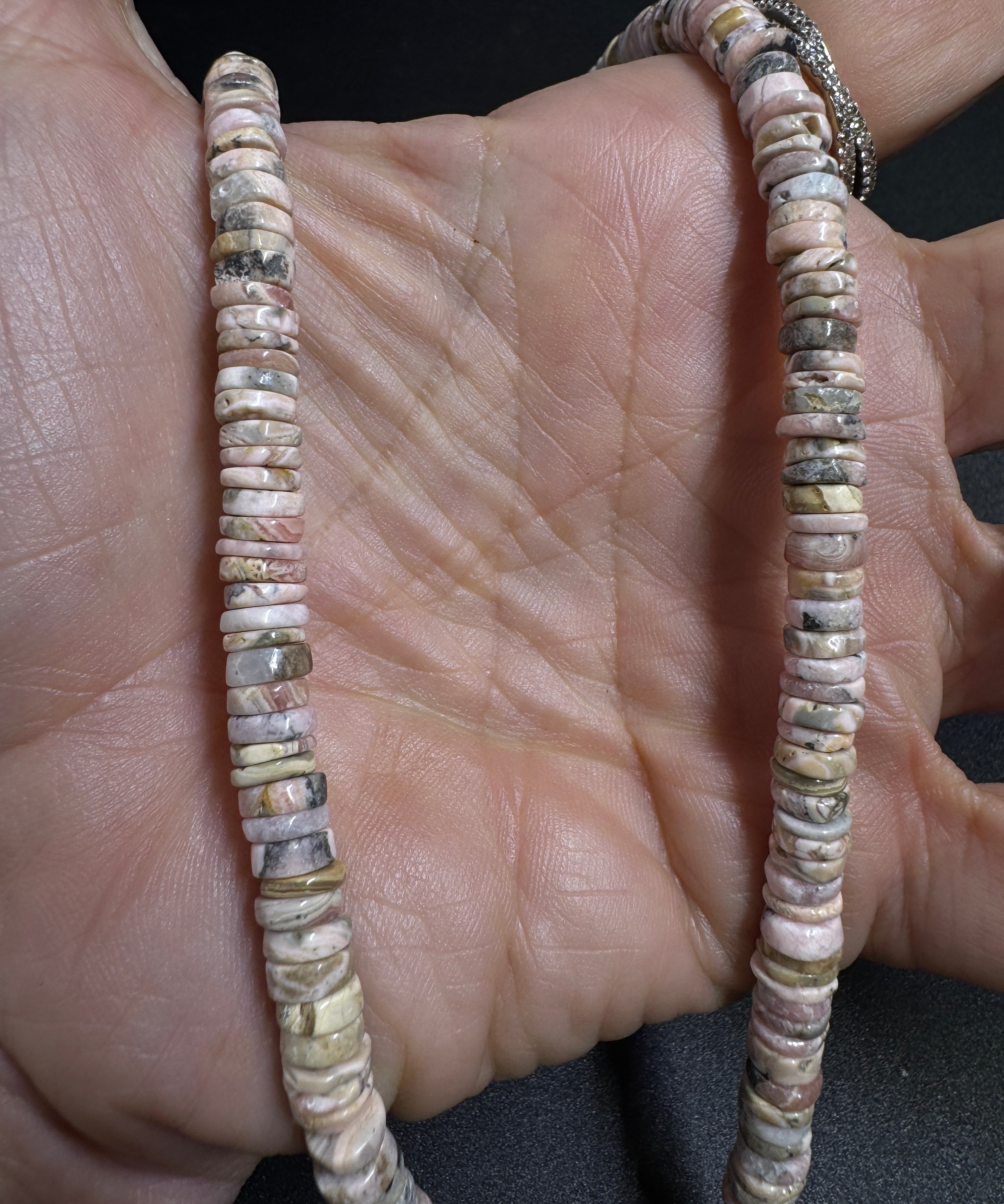 Rhodochrosite  Heishi Beaded Necklace with Pave Diamond Clasp