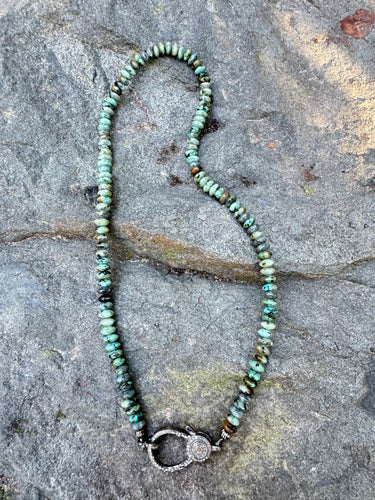 Green and Grey Jasper Smooth Saucer Beaded Necklace with Diamond Clasp