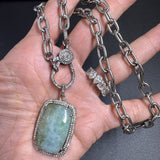 Silver Etched Oval Link Necklace with Diamond Clasp