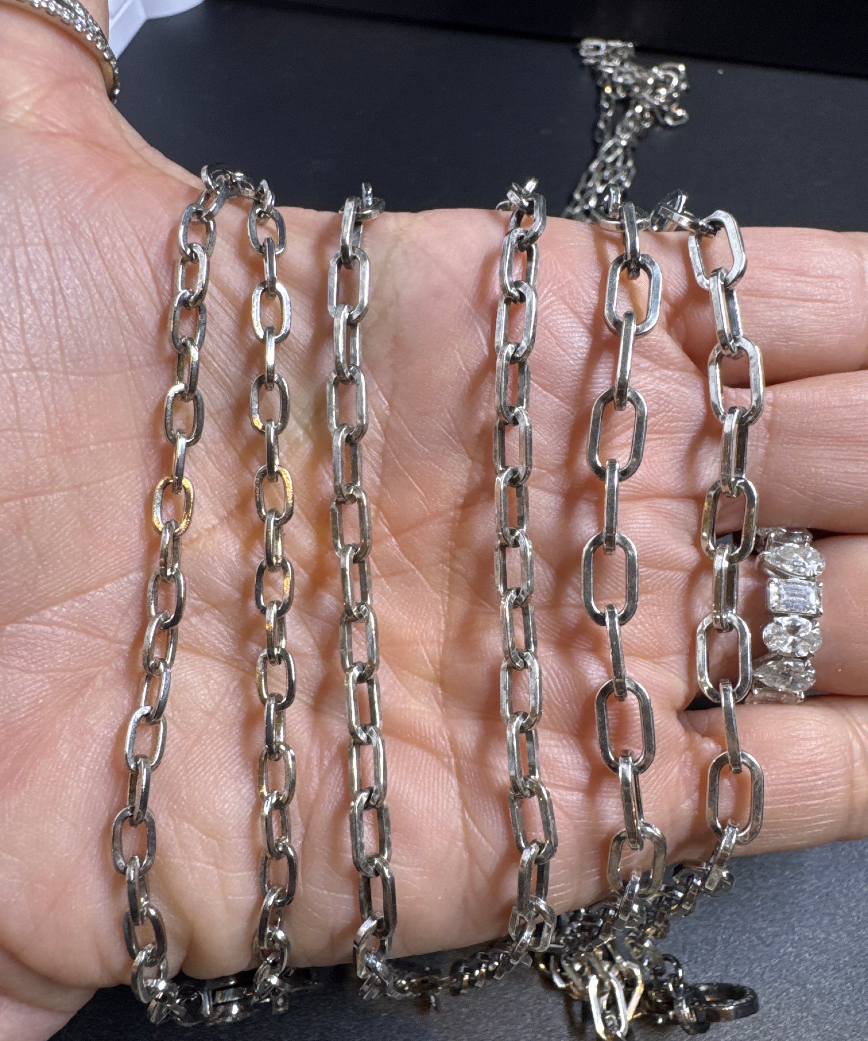 Sterling Silver Flat Oval Necklace with Diamond Clasp