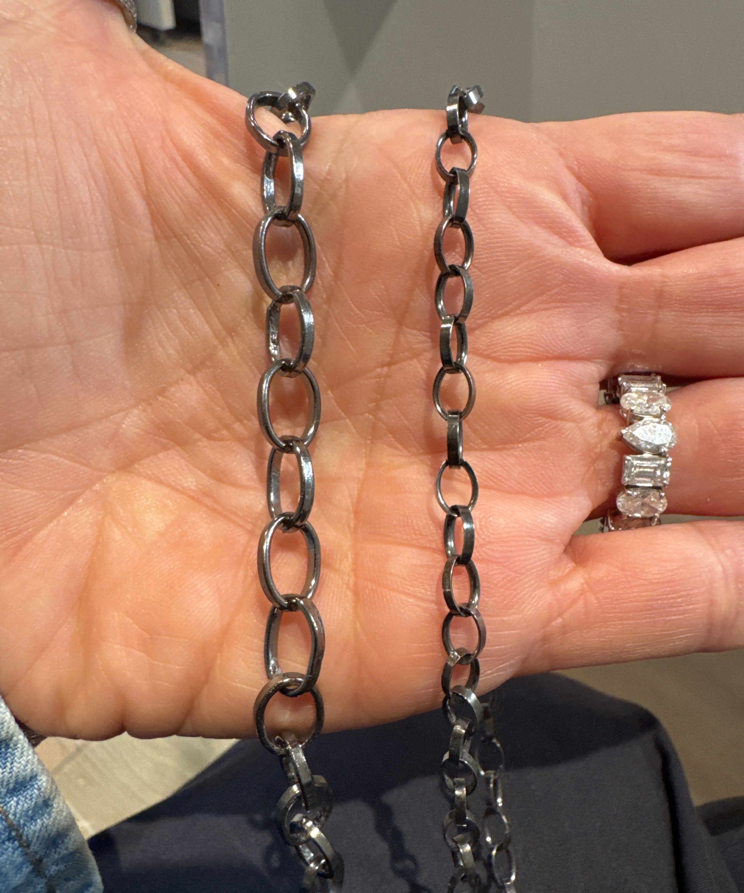 Sterling Silver Open Link Necklace with Pave Diamond Clasp