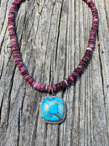 Spiny Oyster Beaded Necklace with Turquoise Square Pendant
