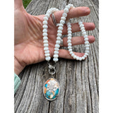 White Opal Hand Carved Cantaloupe Shaped Beaded Necklace with Diamond Clasp