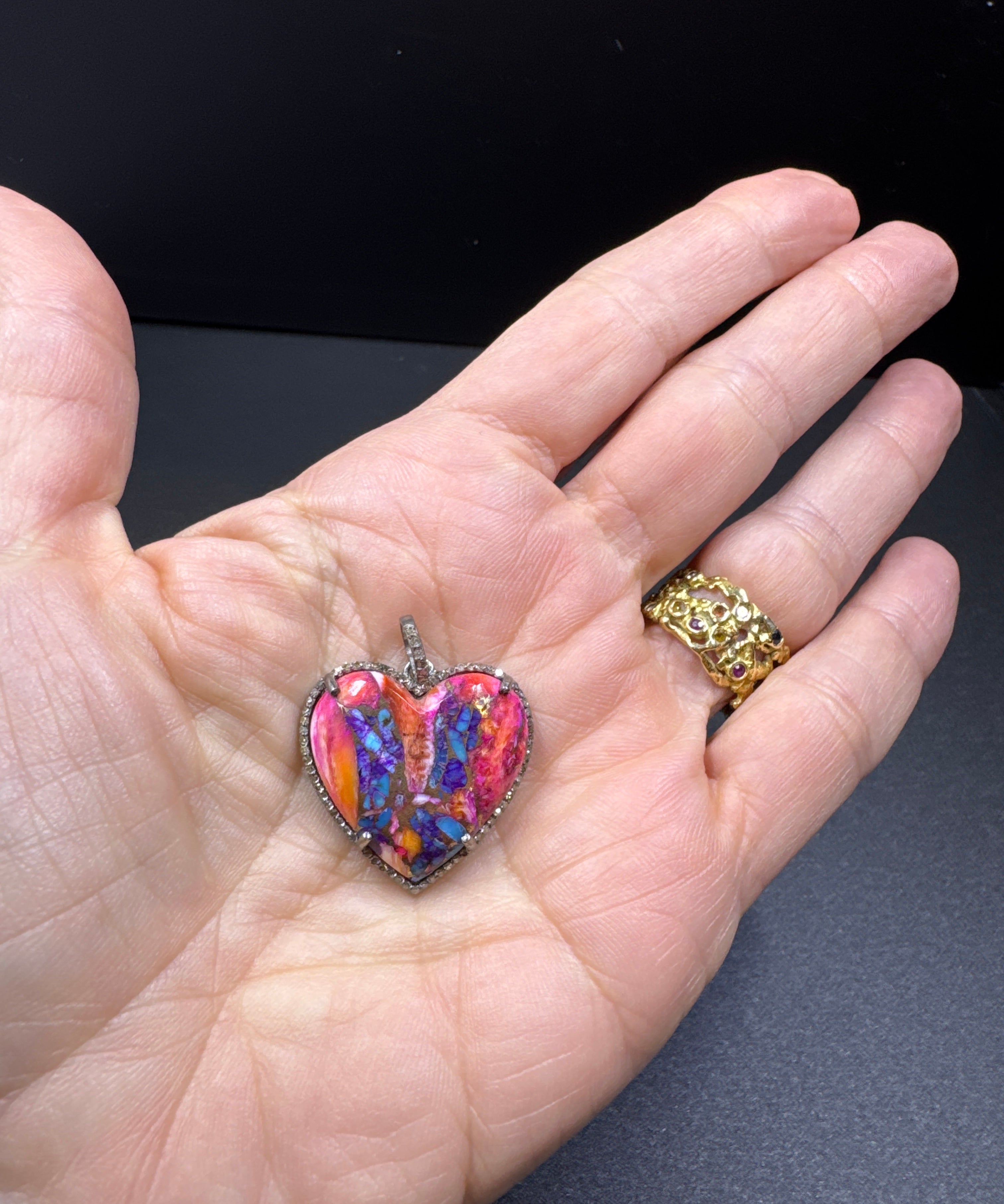 Multi Copper Turquoise and Pave Diamond Heart Pendants