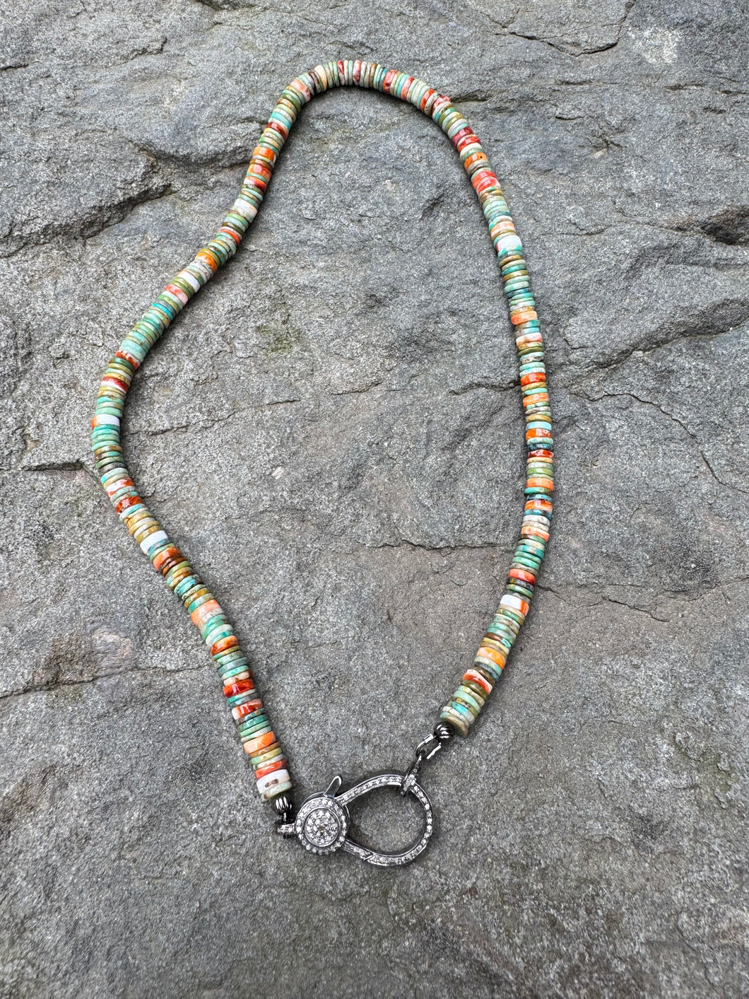 Spiny Oyster Heishi Beaded Necklace with Diamond Clasp