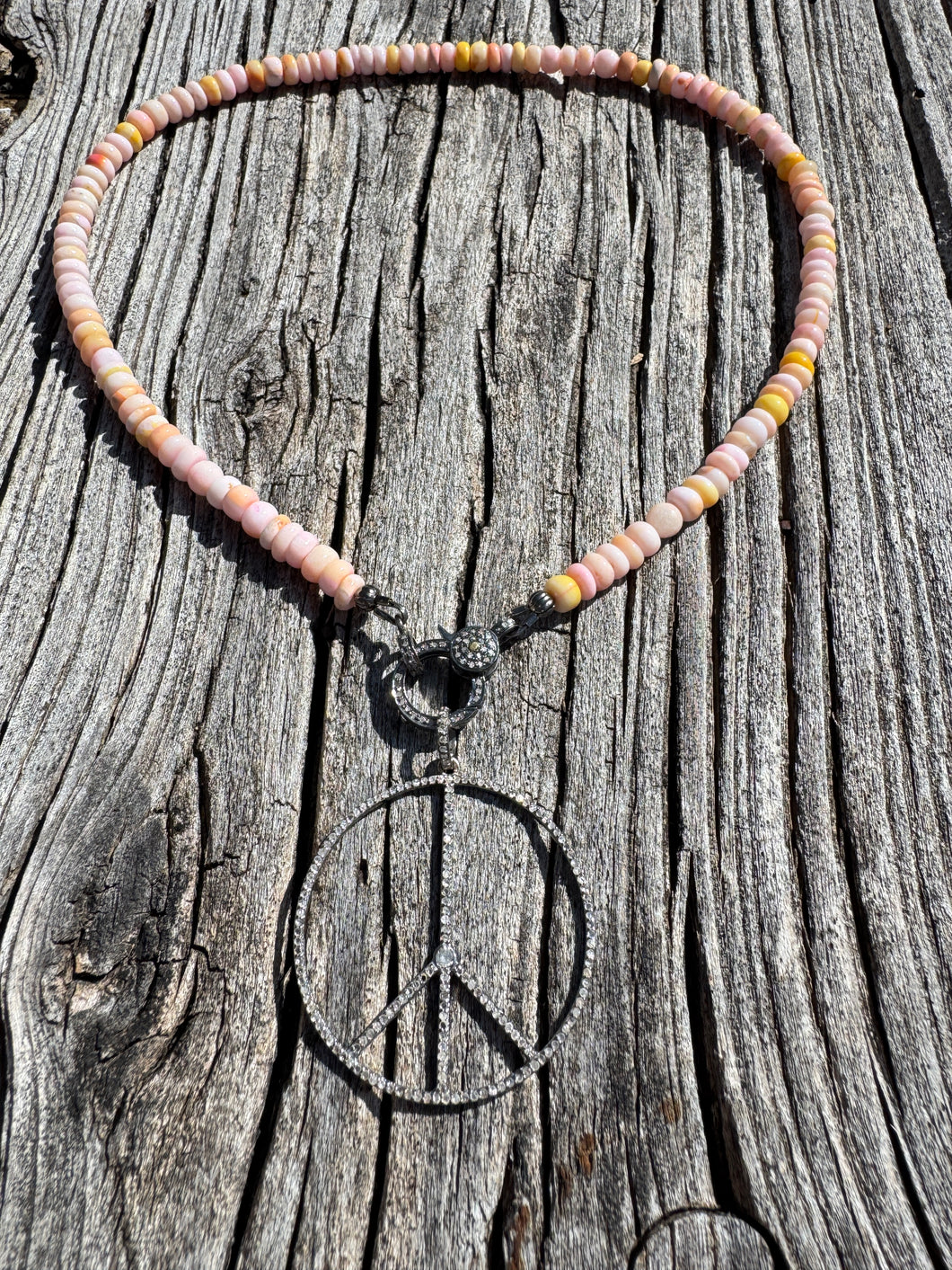Peachy Pink Opal Beaded Necklace With Diamond Clasp