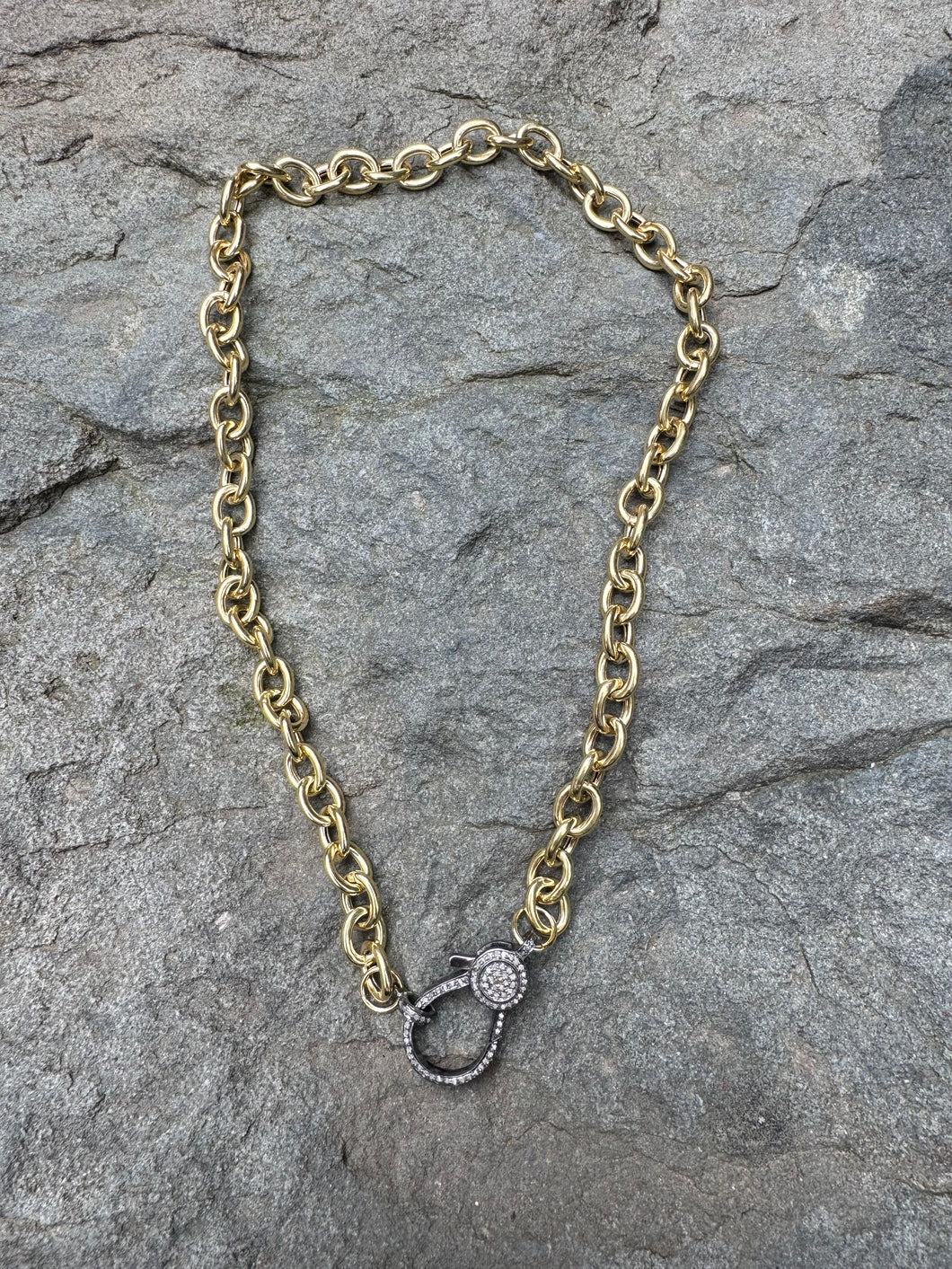 Lightweight Gold Round Link Chain with Pave Diamond Clasp