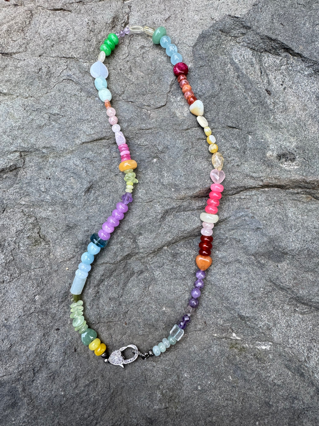 Hodgepodge Gemstone Beaded Necklace with Heart Diamond Clasp