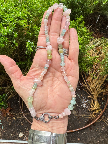 Aquamarine Beryl Beaded Hodgepodge Necklace with Diamond Clasp