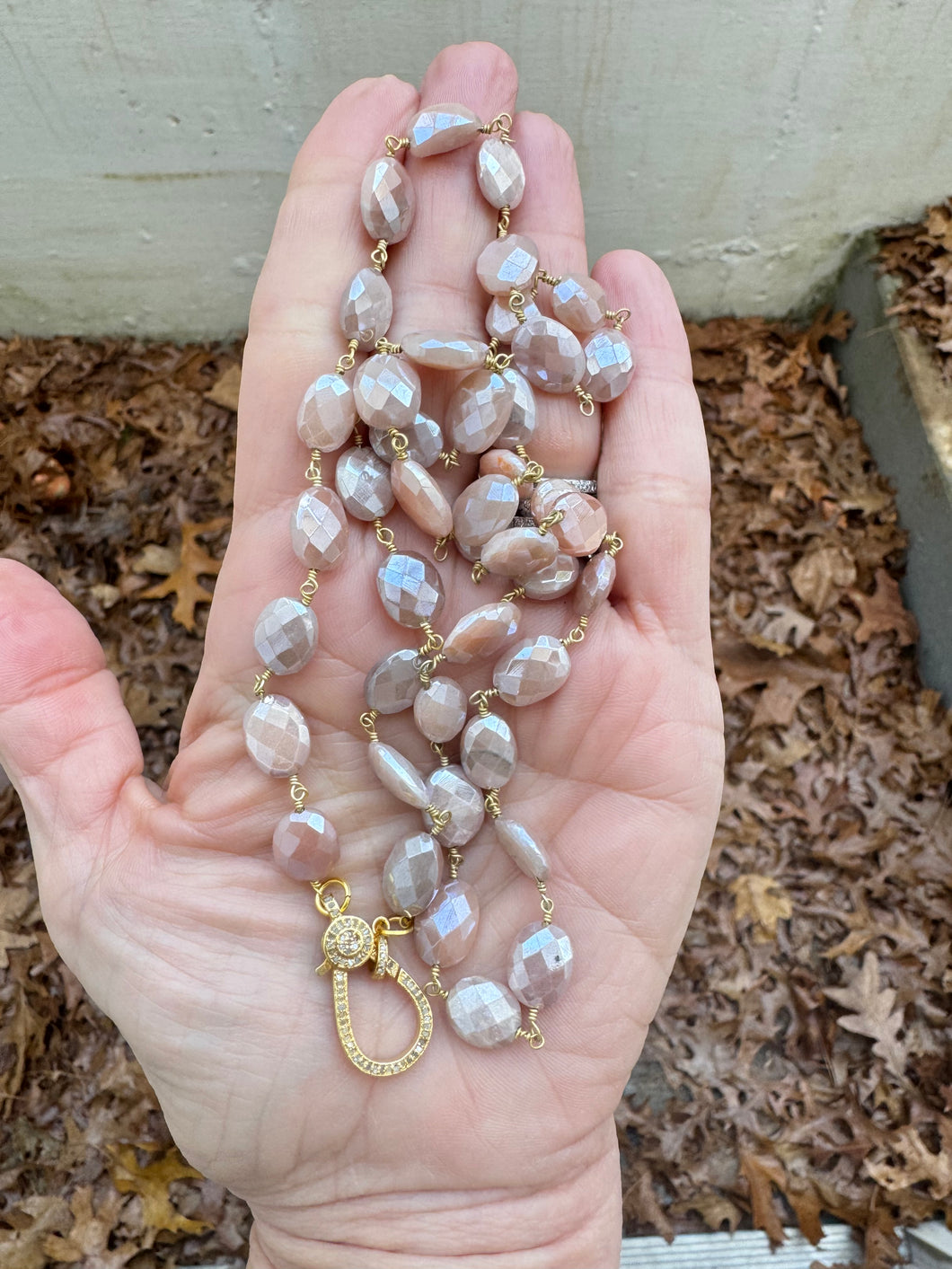 Pink Moonstone Beaded Necklace with Diamond Clasp